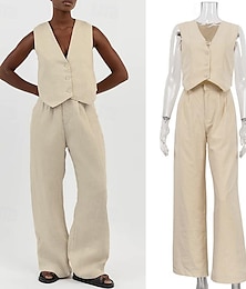 cheap -Set with Linen Vest Wide Leg Pants Trousers Women's Retro Vintage 1980s Outfits Casual Daily Spring Summer Beach Cozy