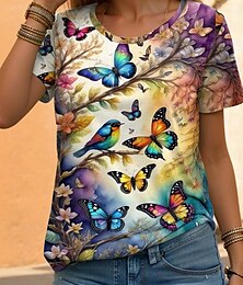 voordelige -Dames T-shirt Bloemig Vlinder Dagelijks Weekend Afdrukken Geel Korte mouw Modieus Strakke ronde hals Zomer