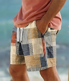 זול -בלוק צבעוני משובץ לגברים נופש 3D מודפס לוח מכנסי ים בגד ים שרוך מותן אלסטי עם בטנת רשת אלוהה בסגנון הוואי חוף ים עד 3xl