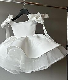 billiga -Brudnäbbsklänning Flickor Festklänning Prestanda Bröllop Fest Prinsessa Ljuv Nät Ensfärgat Ärmlös Off shoulder Vit 2-12 år