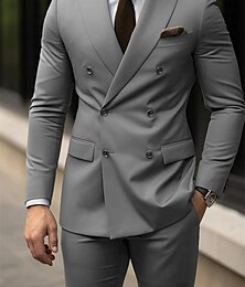 abordables -Trajes de boda para hombres gris claro azul oscuro negocio formal de color sólido ajuste entallado 2 piezas de doble botonadura seis botones