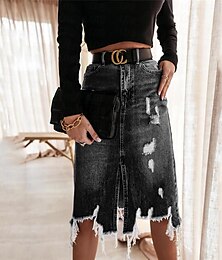 abordables -Femme Jupe Jupe mi-longue en jean Mode Décontractées Midi Taille haute Jupes Couleur Pleine Poche Déchiré Casual Quotidien Fin de semaine Noir Bleu Eté Jean