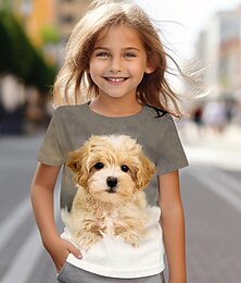 billige -Jente 3D Hund T-skjorte Skjorte Kortermet 3D-utskrift Sommer Aktiv Mote søt stil Polyester Barn 3-12 år Crew-hals utendørs Avslappet Daglig Normal