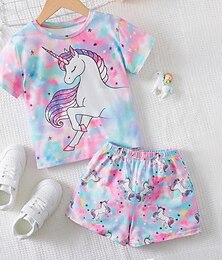 お買い得  -女の子用 3D ユニコーン T シャツ & ショーツ パジャマ セット ピンク 半袖 3d プリント 夏 アクティブ ファッション かわいい ポリエステル 子供 3-12 歳 クルーネック ホーム 因果 屋内 レギュラーフィット