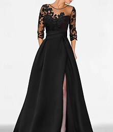 economico -Abito da Sera A-Line Elegante Abito Invitato Matrimonio Lunghezza Piena Maniche 3/4 Collo Gioiello Satina con Applicazioni di Perline 2025