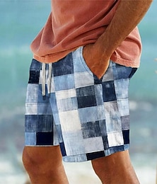 levne -kostkovaný barevný blok pánské letovisko 3D potištěné šortky plavky elastický pas stahovací šňůrka s podšívkou ze síťoviny aloha havajský styl dovolená pláž s až 3xl