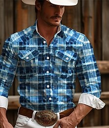 billige -Herre Pledd / Tern Western skjorte Cowboyskjorte Langermet Årgang vestlig stil Dagligdagstøy Ut på byen Helg Vår sommer Aftæpning Lomme Trykt mønster Knapp ned Rosa Blå Brun Grå