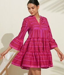 abordables -Femmes Robe Décontractée Robe d'été Robe rose Rose Claire Manches 3/4 Géométrique Motif rayé 100% Coton A Volants Volanté Ample Printemps & Été Printemps et été Boho Saint-Valentin Style de Mode