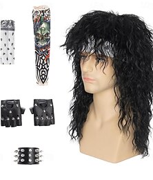 economico -Parrucca Mullet Nera degli Anni '80 Parrucca Riccia per Uomini Parrucca Punk Rocker con Accessori Parrucche di Halloween