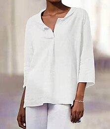 economico -Camicie di cotone e lino Camicia di lino Abbottonare Top Lungo in Cotone Per donna Nero Bianco Arancione Tinta unica Sexy Streetwear Quotidiano Moda Scollo a V Cotone Lino Vestibilità regolare S