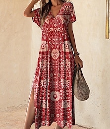 Χαμηλού Κόστους -Γυναικεία Vintage Φόρεμα Καθημερινό φόρεμα Φυλής Σκίσιμο Στάμπα Λαιμόκοψη V Μακρύ Φόρεμα Μάξι Φόρεμα Βίντατζ Etnic Διακοπές Κοντομάνικο Καλοκαίρι