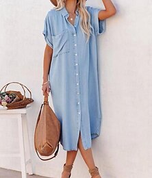 abordables -Robe chemise Robe casual Robe d'été Femme Robe mi-longue Bouton Poche Rendez-vous Vêtement de rue Col de Chemise Manche Courte Ample Bleu S M L XL 2XL