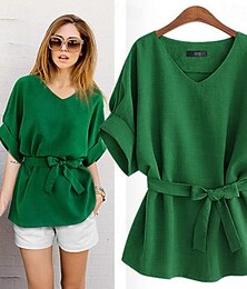 abordables -Chemise Chemise en lin Chemisier Chemises en coton et lin Femmes Vin bleu marine Vert Couleur Unie À lacets Rue Quotidien Mode Col rond Coton Lin Coupe régulière M