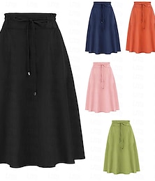 economico -Per donna Gonna Linea A Essenziale Informale Al ginocchio Vita alta Gonne Tinta unita Tasche A cordoncino Casual / quotidiano Fine settimana Nero Rosa Blu marino Arancione Estate Cotone Lino