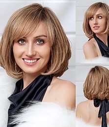 abordables -Mélange de cheveux humains Perruque Court Droite naturelle Coupe Lutin Partie latérale Coupe Dégradée Coupe Asymétrique Marron Cosplay Bigoudi et lisseur Ligne de Cheveux Naturelle Sans bonnet