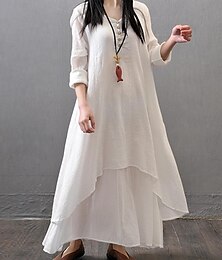 cheap -Women's Cotton Linen Maxi Dress V Neck Ruffle Button Long Sleeve Summer Black White Yellow 2024 Spring