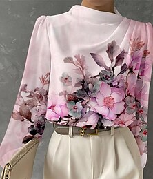 economico -Blusa da donna moda stampa floreale a maniche lunghe tops regolari collo rotondo lavoro bianco rosa blu verde primavera e autunno
