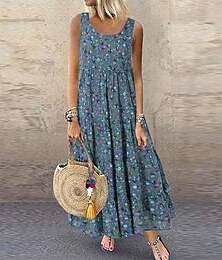 abordables -Mujer Vestido de verano floral ditsy Estampado Cuello Barco vestido largo vestido largo Boho Vacaciones Sin Mangas Verano Primavera