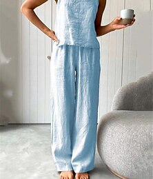 ieftine -Pentru femei Pijamale Seturi Culoare pură Simplu De Bază Confortabili Casă Zilnic Pat Bumbac Și Lenjerie Respirabil Curele de Fără manșon Top cu centură Vară Alb Albastru piscină