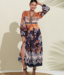 abordables -robe bohème fleurie à col en V et poignets élastiques