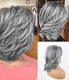 ieftine -ombre gri argintiu peruci de sare și piper pentru femei perucă bob stratificată cu breton cortină tunsori scurte pixie pentru femei în vârstă peruci sintetice bob de lungime medie pentru femei