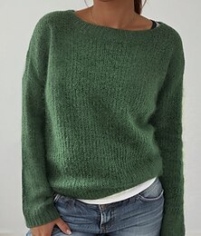 cheap -Women's Sweater Pullover Knitted Solid Color Basic Casual Long Sleeve Regular Fit Sweater Cardigans Boat Neck Spring Summer Green Blue Black / Holiday / Going out