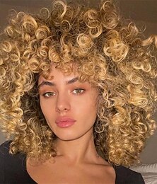 economico -Parrucche ricce di 14 pollici per donne nere parrucca riccia corta con frangia capelli kinky ricci morbidi e grandi parrucche sintetiche per feste quotidiane cosplay e Halloween