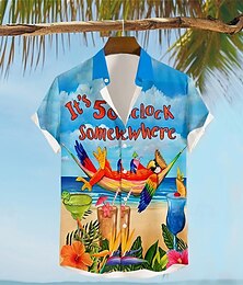 cheap -It's 5 O'clock Somewhere Parrot Men's Resort Hawaiian 3D Printed Shirt Button Up Short Sleeve Summer Beach Shirt Vacation Daily Wear S TO 3XL