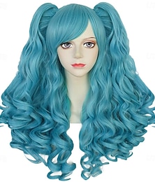 economico -Parrucca lunga blu riccia coda di cavallo parrucca blu chiaro con 2 code di cavallo parrucca lolita blu parrucca con frangia per donne anime peluca azul per costume cosplay carnevale festa Parrucche
