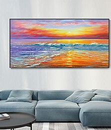 cheap -Hand Painted Seascape Sunrise Oil Painting Wall Art Beach Texture Canvas paintingh Wall Art Sea Sunset Cloud Reflection Landscape painting Sofa Background Home Decoration ready to hang or canvas