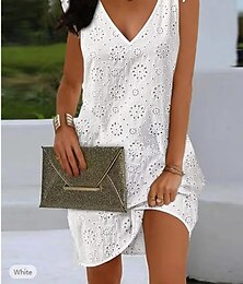 cheap -Women's Work Dress White Dress A Line Dress Elegant Daily Workfashion Mini Dress Embroidered Hollow Out V Neck Sleeveless Floral Geometric Loose Fit White Summer Spring S M L XL XXL