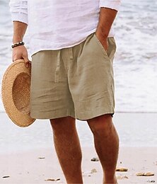 cheap -Men's Shorts Linen Shorts Summer Shorts Drawstring Elastic Waist Straight Leg Plain Comfort Breathable Short Daily Beach Linen / Cotton Blend Fashion Chic & Modern Black Yellow Micro-elastic