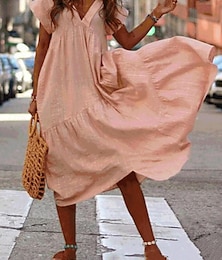cheap -Women's Linen Maxi Dress V Neck Short Sleeve Ruched Swing A-Line Yellow Pink Fuchsia Casual