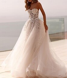 abordables -Vestidos de boda formales de espalda abierta en la playa vestido de ball gown con escote corazón sin mangas cola barrida/mopa tul vestidos de novia con aplicaciones de un solo color