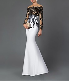 economico -Abito Sirena Da Sera Elegante Abito Ospite di Matrimonio Lunghezza Piena Manica 3/4 Collo Gioiello Crepe Stretch con Applicazioni 2025