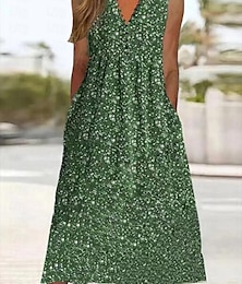 preiswerte -Damen Patchwork Knopf Vintage Kleid langes Kleid Maxikleid Blumen V-Ausschnitt ärmellos Sommer Frühling grün