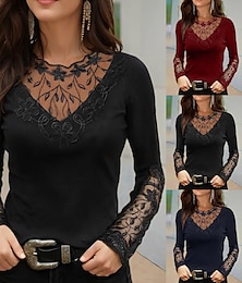 cheap -Women's T shirt Tee Burgundy Tee Mesh Patchwork Top Lace T-shirt Floral Lace Patchwork Casual Weekend Elegant Vintage Fashion Long Sleeve Round Neck Black Fall & Winter