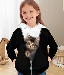 abordables -Chica 3D Gato Sudadera Pullover Manga Larga Impresión 3D Primavera Otoño Activo Moda Estilo lindo Poliéster Niños 3-12 años Con Capucha Exterior Casual Diario Ajuste regular