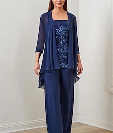 abordables -Pantalon 3 Pièces Mère de la Mariée Invitée de Mariage Formelle Élégante Col Carré Longueur de Sol Chiffon Sequins Manches 3/4 avec Applications de Sequins