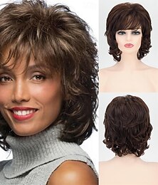 abordables -Perruques ondulées courtes brunes pour femmes blanches avec frange perruque bouclée vague hirsute moyenne en couches perruque synthétique d'aspect naturel perruque de fête quotidienne