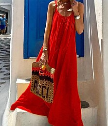 economico -Per donna Giallo Rosso Blu Estate Primavera Abito maxi Abiti ispirati al lino Vestito Casual Abito con spalline Bohemien Essenziale Moderno Quotidiano Weekend Vestibilità comoda Semplice Spalline