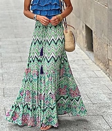 baratos -saia feminina uma linha swing bohemia maxi saias de cintura alta estampa floral geométrica bloco de cores rua férias verão casual boho verde