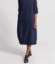 cheap -Women's Casual Dress Cotton Dress Midi Dress Linen Basic Modern Daily Weekend Crew Neck Basic Half Sleeve Summer Spring 2023 Regular Fit Light Blue Black Yellow Plain S M L XL 2XL