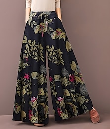 cheap -Women's Culottes Wide Leg Normal Flower / Floral Yellow Red Fashion Mid Waist Full Length Casual Weekend Summer Spring &  Fall