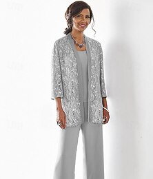 economico -Matrimonio in Spiaggia 3 Pezzi Madre della Sposa Abito Ospite di Matrimonio Festa Brillante  Splendente Collo a Barchetta Lunghezza Caviglia Chiffon Pizzo Manica 3/4 con Paillettes Colore Solido 2025