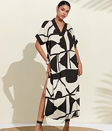 economico -Per donna Bianco Manica Corta Geometrico Nero e bianco Motivo a Blocchi di Colore Scollo a V Morbido Doppia fessura Primavera & Estate Primavera ed Estate Motivo Geometrico Confortevole Larghi Vacanza