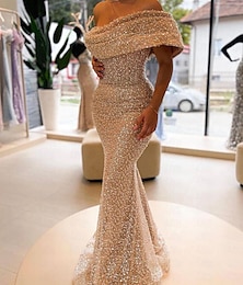 cheap -Mermaid / Trumpet Evening Gown Elegant Dress Formal Floor Length Sleeveless Off Shoulder Sequined with Sequin 2024
