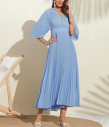 abordables -vestido de invitada de boda mujer maxi azul escote pico manga dolman gasa plisada