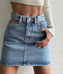 abordables -Femme Jupe Moulante Mode Décontractées Mini Taille haute Jupes Couleur Pleine Poche Plein Air Rendez-vous Bleu Eté Jean