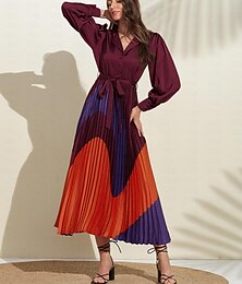 abordables -Femme Robe satinée Ourlet Maxi Violet manche longue Géométrique Bouton Ceinture à nouer Printemps Col V Robe Maxi S M L